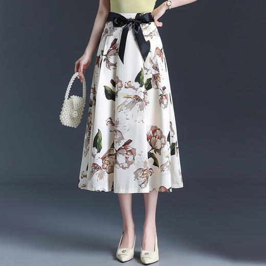2024年春夏款长款印花百褶大摆裙高腰修身垂感气质半身裙时尚伞裙 商品图1