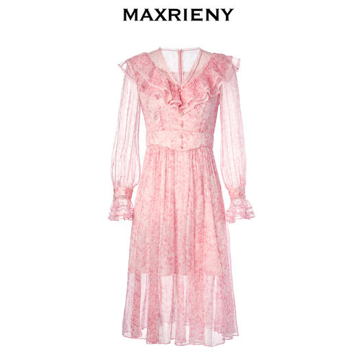 MAXRIENY真丝碎花长裙秋季V领连衣裙设计感A字裙(货号:MC87DR583) 商品图4