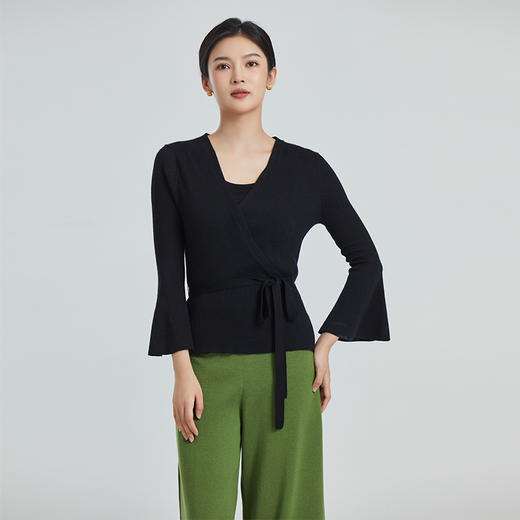 东黎 • 山羊绒女士春夏季精纺V领喇叭袖系带开衫 4218 商品图3