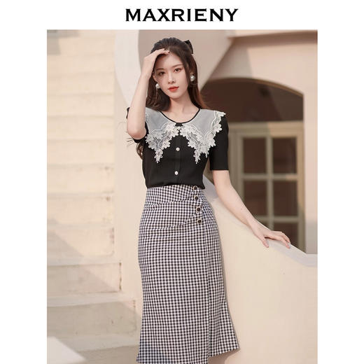 MAXRIENY格纹抽褶半身裙女春款复古通勤包臀短裙(货号:MC87SK267) 商品图1