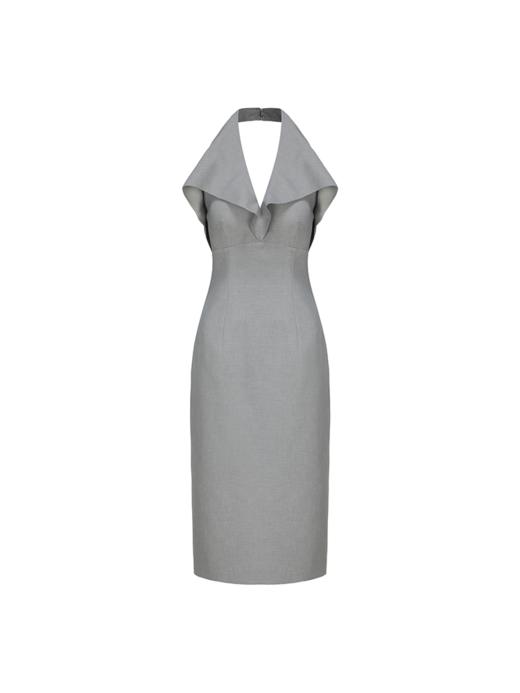 【尘埃浪花】波浪领撞色拼接露背挂脖修身连衣裙 商品图4