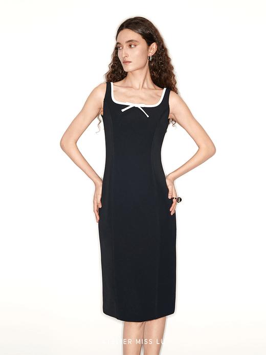 【巴黎甜心】蝴蝶结U形领撞色修身连衣裙 商品图2