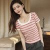 撞色条纹短款圆领正肩t恤女夏季设计感小众薄款SZ2755 商品缩略图2