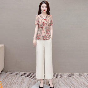 QYMKSY-CXJZ10-L夏款国风印花短袖时尚小衫简约宽松显瘦休闲阔腿裤大码两件套裤