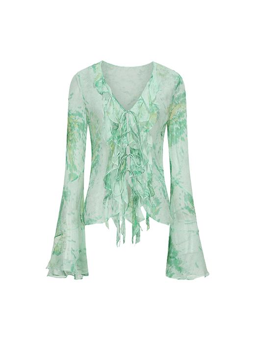 【科莫湖】品牌定染印花桑蚕丝荷叶边阔袖上衣 商品图4