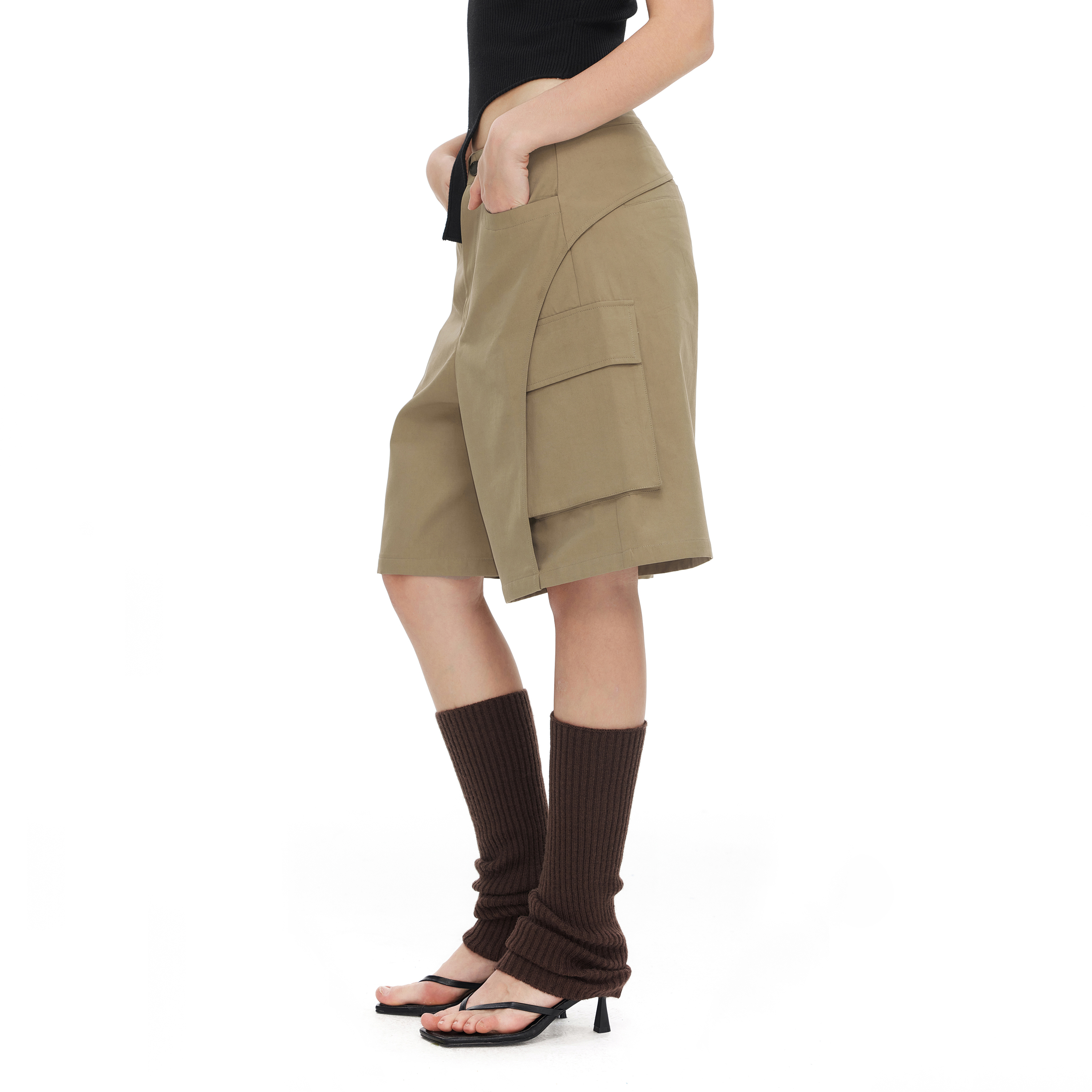 NUTH宽松阔腿搭片设计感多口袋工装五分中裤