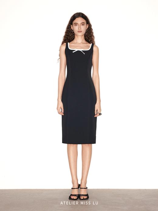 【巴黎甜心】蝴蝶结U形领撞色修身连衣裙 商品图0