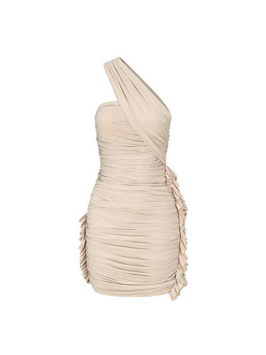 【艾蜜莉】褶皱设计不规则拼接弹力斜肩连衣裙 商品图4