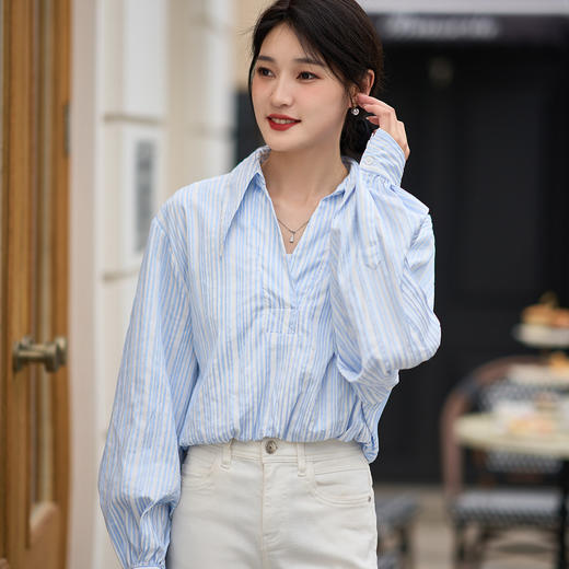 芳外2026春季新款时尚设计感蓝白条纹衬衫宽松长袖翻领上衣1332 商品图2