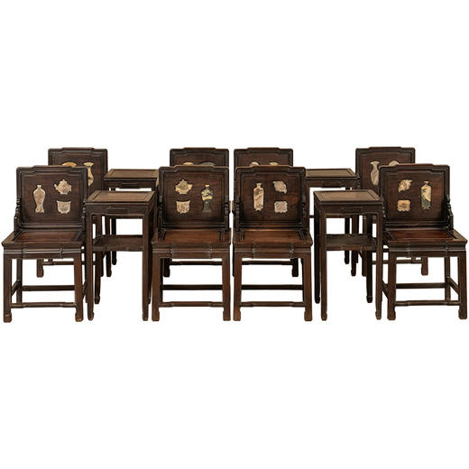 清 红木镶云石博古图开窗背屏椅成堂（八椅四几） 商品图5