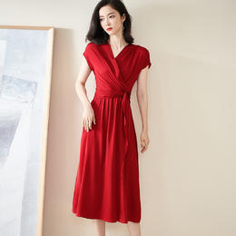 【预售5天】夏季新款重磅真丝连衣裙气质酒红色收腰显瘦中长裙ZYL00043