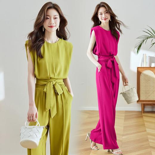【预订·最迟6天发货】气质名媛套装裤女2024夏季新款系带上衣微胖两件套收腰显瘦减龄 商品图0