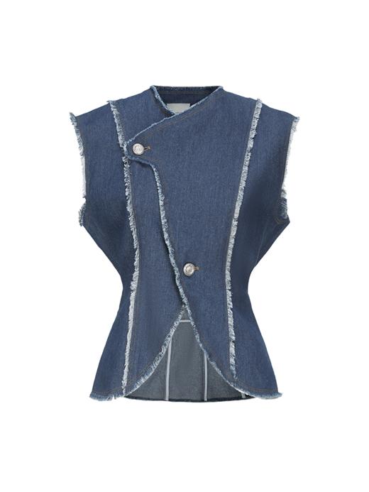 【海底浪花】毛边设计交叠领无袖宽肩收腰马甲 商品图4