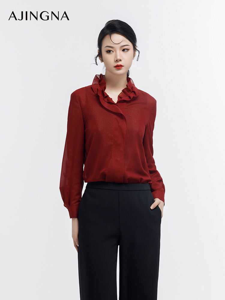【踏青甄选价】阿菁娜春季新款经典酒红色衬衫A29C109003