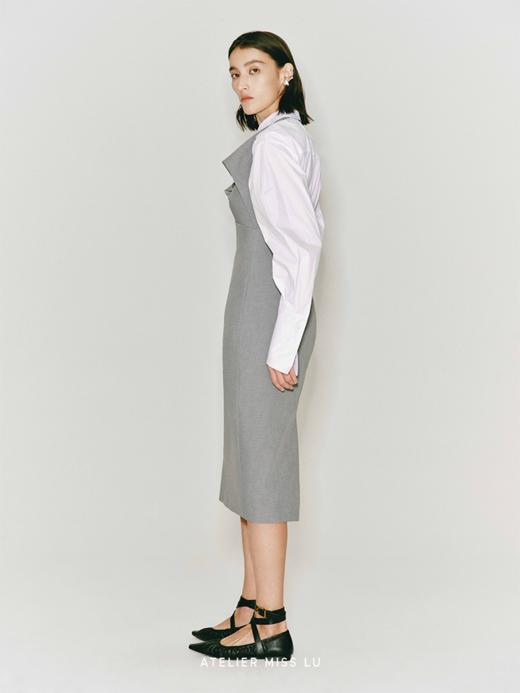 【尘埃浪花】波浪领撞色拼接露背挂脖修身连衣裙 商品图3