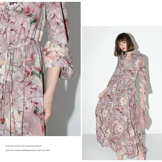 COCOBELLA不规则荷叶大摆印花连衣裙度假风立领衬衫裙FR7043 商品图4