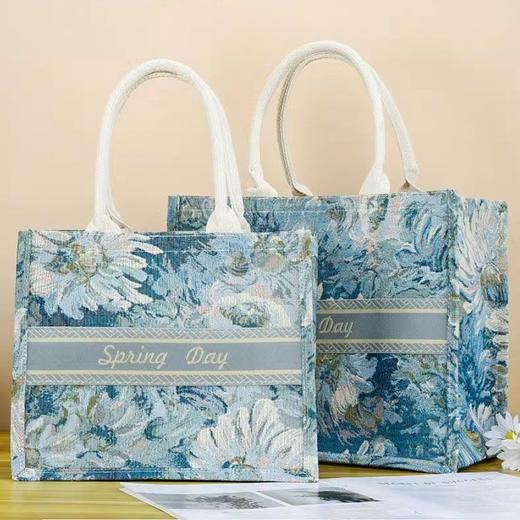 莫奈花园提花油画DIY托特包购物袋手提袋女生小清新麻布袋子定制 商品图3