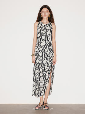 【白日梦】品牌定染字母印花桑蚕丝无袖立裁连衣裙