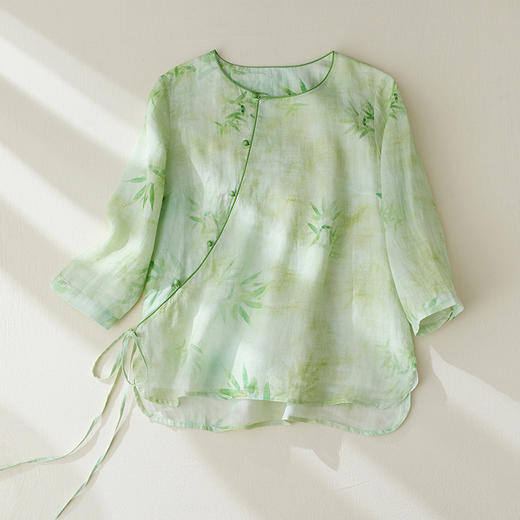 SJ9539 中式复古棉麻印花斜襟七分袖衬衫2024夏新款文艺女装碎花宽松上衣 商品图2