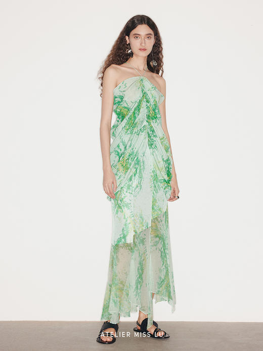 【绿野狂欢】品牌定染印花桑蚕丝挂脖抽褶上衣 商品图1