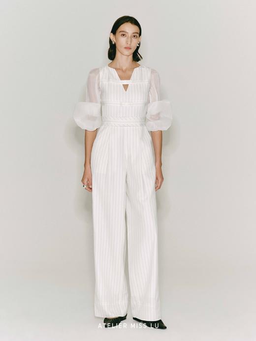 【琴键】细条纹缠绕线条收腰纱袖醋酸连体裤 商品图0