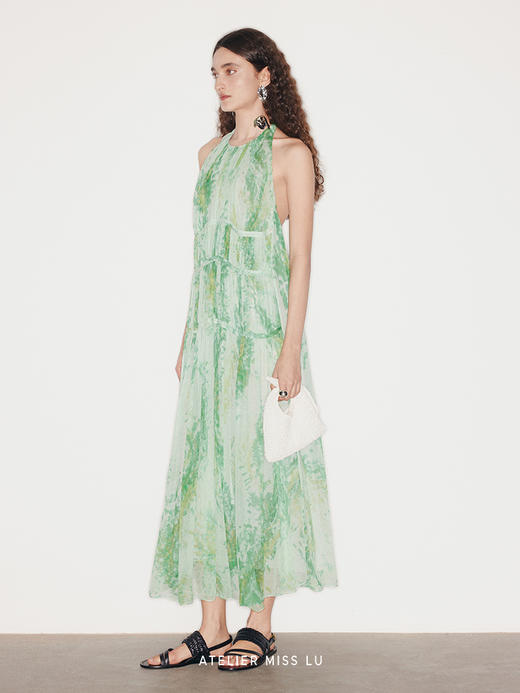 【远山淡影】品牌定染印花桑蚕丝露背挂脖连衣裙 商品图1