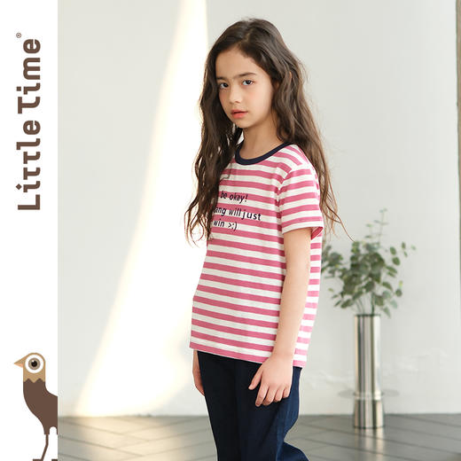 littletime女童t恤潮字母印花2024夏季洋气韩版条纹纯棉宽松短袖 商品图1