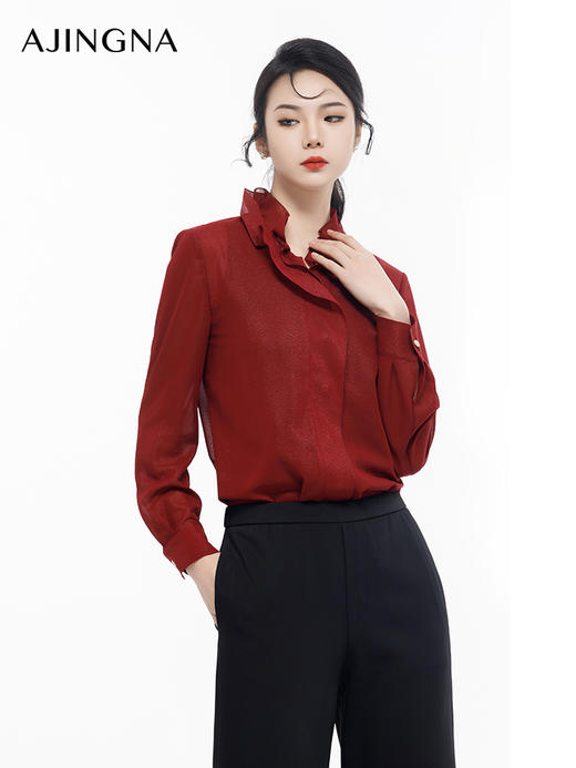 【商场同款】阿菁娜2024春季新款经典酒红色衬衫A29C109003 商品图2