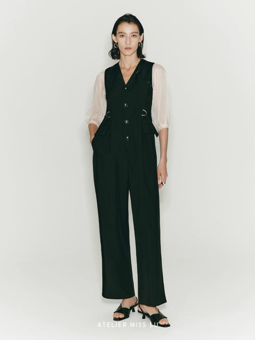 【午夜微光】缝线设计可调节腰带纱袖连体裤 商品图0