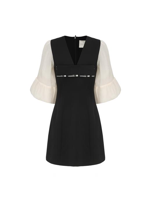 【夜色花园】蝴蝶结撞色拼接花苞纱袖收腰连衣裙 商品图4