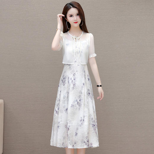 QYM SLA411-L印花雪纺修身时尚连衣裙外披两件套 商品图0