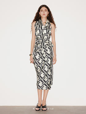 【穆赫兰道】品牌定染字母印花桑蚕丝裹身连衣裙