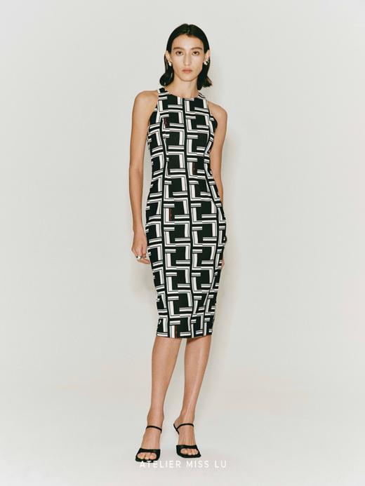 【罗塞尔】品牌定制字母印花削肩修身连衣裙 商品图0