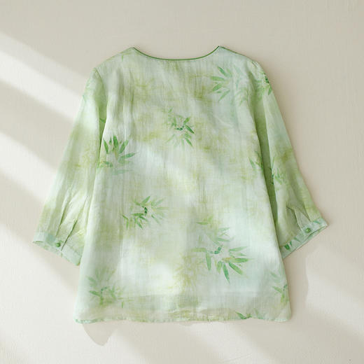 SJ9539 中式复古棉麻印花斜襟七分袖衬衫2024夏新款文艺女装碎花宽松上衣 商品图3