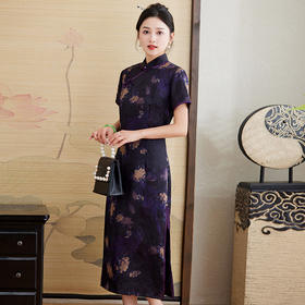 HRFS-23939夏季上新气质时尚新中式风轻奢优雅印花立领香云纱连衣裙