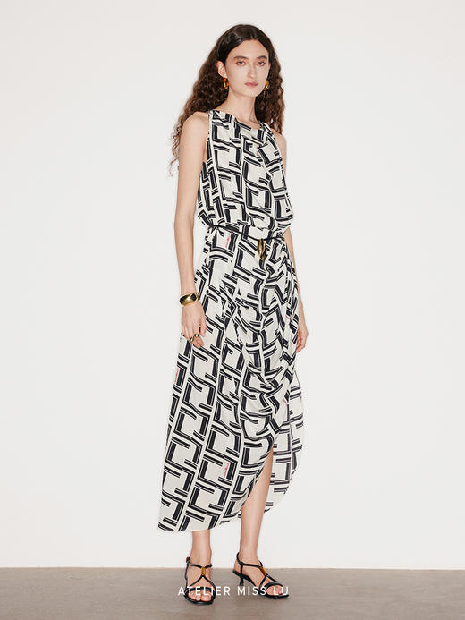 【白日梦】品牌定染字母印花桑蚕丝无袖立裁连衣裙 商品图1