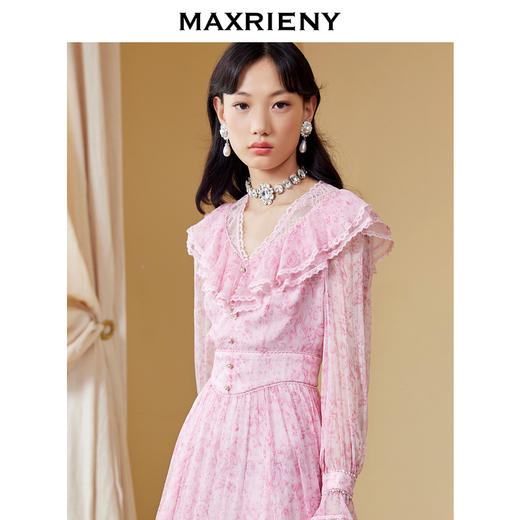 MAXRIENY真丝碎花长裙秋季V领连衣裙设计感A字裙(货号:MC87DR583) 商品图3