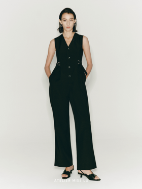 【暮色降临】缝线设计可调节腰带无袖连体裤