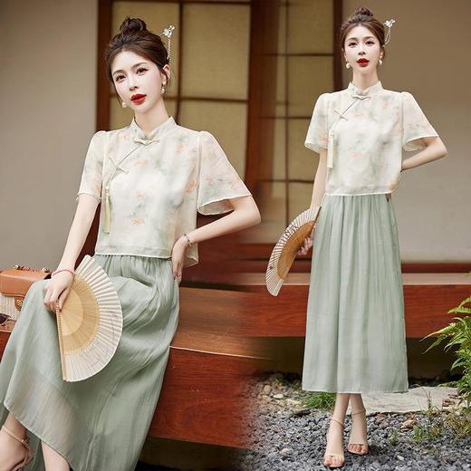 【预订·最迟6天发货】雪纺改良旗袍连衣裙女夏2024年新款复古盘扣新中式清新典雅两件套 商品图3