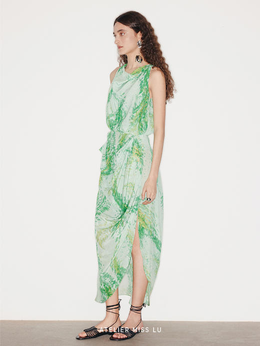 【盛夏树影】品牌定染印花桑蚕丝无袖立裁连衣裙 商品图1