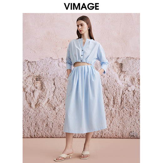 VIMAGE纬漫纪夏季新款时尚短款露脐蓝色衬衫V2109714 商品图1