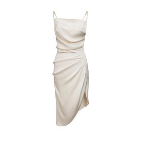 杏色醋酸金属链荡领立裁修身连衣裙