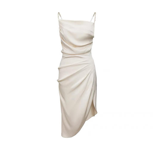 杏色醋酸金属链荡领立裁修身连衣裙 商品图0