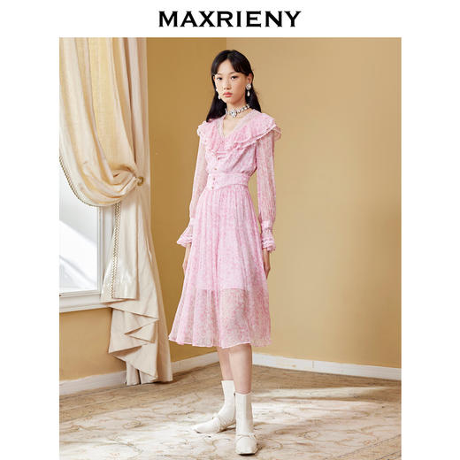 MAXRIENY真丝碎花长裙秋季V领连衣裙设计感A字裙(货号:MC87DR583) 商品图1