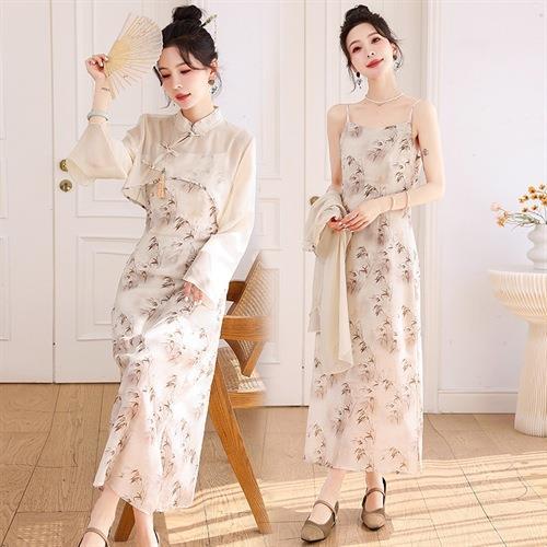 【预订·最迟6天发货】新中式盘扣饰开衫印花吊带连衣裙套装女2024年春季新款国风两件套 商品图1