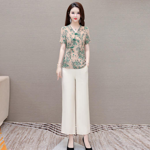 QYMKSY-CXJZ10-L夏款国风印花短袖时尚小衫简约宽松显瘦休闲阔腿裤大码两件套裤 商品图1