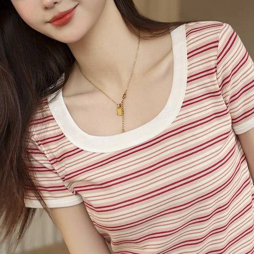 撞色条纹短款圆领正肩t恤女夏季设计感小众薄款SZ2755 商品图4