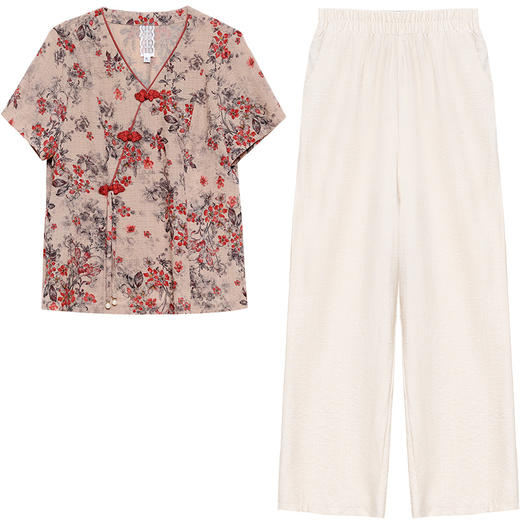 QYMKSY-CXJZ10-L夏款国风印花短袖时尚小衫简约宽松显瘦休闲阔腿裤大码两件套裤 商品图4