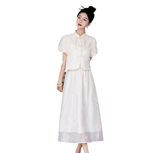 HRFS-66109新中式风刺绣纯色套装夏季上新气质时尚洋气减龄两件套裙 商品图4
