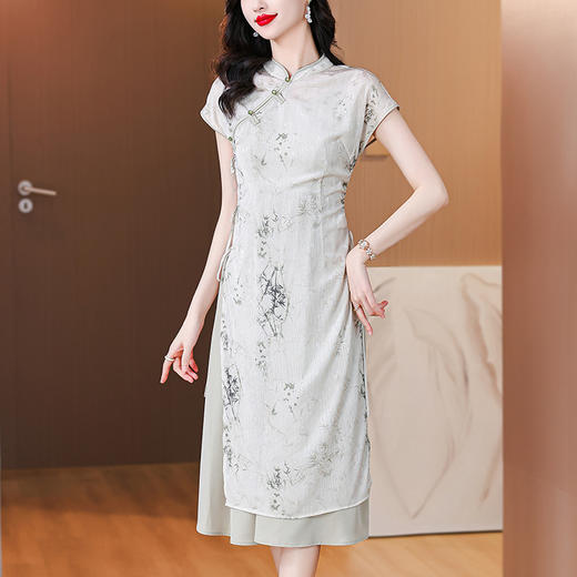 AHM-7531新中式改良版旗袍夏季新款时尚复古印花立领中长裙 商品图0